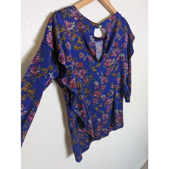 FREE PEOPLE Dock Street Ruffle Floral Blue 3/4 Sleeve Top Women Size S Bloomcore - Picture 4 of 9